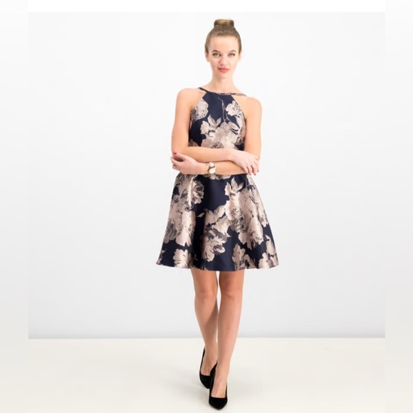 Xscape Navy and Gold Floral Mini Dress - Picture 1 of 12